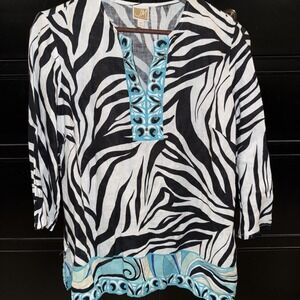 JM Collection Womens Top Size S White‎ & Black Zebra Print 3/4 Sleeve 100% Linen